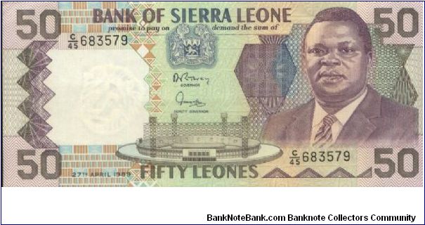 50 Leones, Bank Of Sierra Leone. Dated 27 April 1989 Banknote
