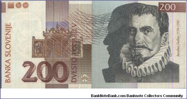 Z Series 200 Tolarjev Dated 15 January 2004.(O) Composer Iacobus Gallus(R)17th century organ, Slovenian Philharmonic Hall, Musical notes. Banknote