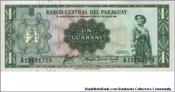 A Series No:19161779,1 Guarani Banco Central Del Paraquay.Dated 25 March 1952.(O)Soldier(R) Palacio Legislativo.Printed By Thomas De La Rue & Company Limited.London. Banknote