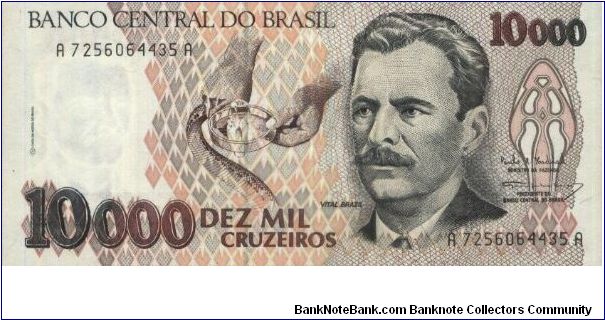 A Series No:A7256064435A 10,000 Cruzeiros Dated 1993.Venom Brazil Snakes. Banknote