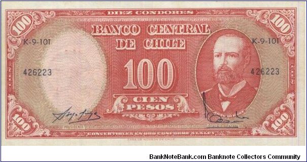 10 Centesimos de Escudo - overprint on reverse of 100 Pesos, Dated 1960-1961,Banco Central De Chile.
Obverse:Arturo Prat
Reverse:Santiago(Bird) Banknote