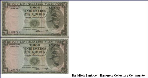 Running Series No:1234755& 1234756

20 Escudos Dated 24 October 1963,Banco Nacional Ultramarino

Obverse:R.D.Aleixo

Reverse:State Symbol (Ship)Lisboa 1864

Watermark:Portraitof R.D.Aleixo

BID VIA EMAIL Banknote
