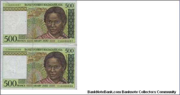 Running Series No:C56080087 & C56080088
500 Francs Dated 1994,Banky Foiben'i Madagasikara
Obverse:Girl Portrait
Reverse: breeding of Zebus
Watermark:Horn
BID VIA EMAIL Banknote