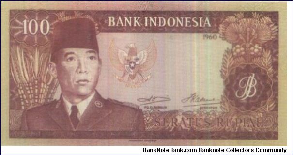 Soekarno Series!
100 Rupiah dated 1960

Signed by:Soetikno Slamet & Indra Kasoema

Obverse:Soekarno

Reverse:2 Batak dancers

Watermark:Soekarno

Size:158x79mm Banknote