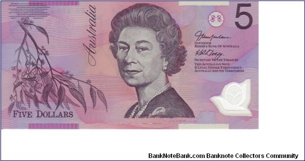 Australian £5 polymere note with a portrait of Queen Elizabeth II Banknote