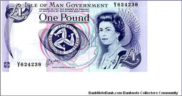ISLE OF MAN GOVERNMENT ISSUES

1983
Chief Financial Officer Cashen
£1 Purple/Multi colour
Front State Seal/Outline of the Island/HRH
Rev Tynwald Hill
Waternark Triskelion Banknote