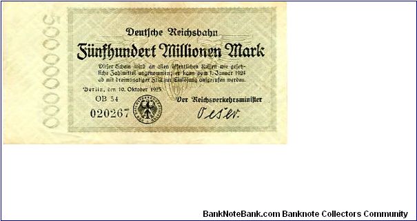 Germany 
Dresden 10 Oct 1923
500000000M Green
Front Value/Writting
Uniface
Watermark Wavy lines Banknote