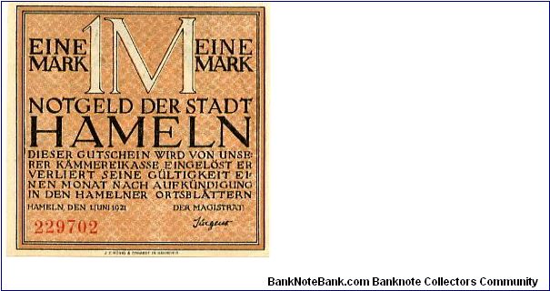 Germany
1M Brown
Hamlen Notgeld 1 Jun 1921
Front Value  & Text
Rev Value & medievil Births? Banknote