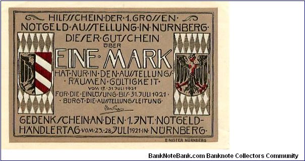 Germany
1M
Nurenburg Notgeld Jul 1921
Front State & City Arms each end with value in center
Rev City arms in center value in all corners Banknote