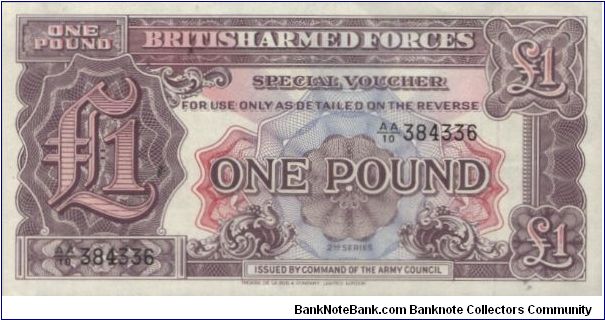 AA series  no:AA/10 384336

Obverse:British Armes Forces,Special Voucher 2nd Series

Reverse:1 pound

Printed by Thomas De La Rue Company Limited,london.

OFFER VIA EMAIL Banknote
