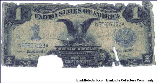 Very poor condition 1899 Silver Certificate Black Eagle This is the type without the fancy symbol on the right of the serial number, it's been replaced with a letter. Banknote