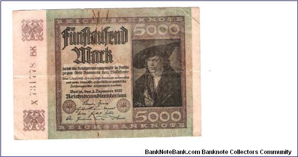 REICHSBANKNOTEN
5000-MARK

LARGE NUMBERS
1 OF 17 NOTES

X 731778 BK Banknote