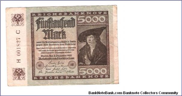 GERMANY
5000-MARK
 H 001827 C
LARGE NUMBERS


2/17 Banknote