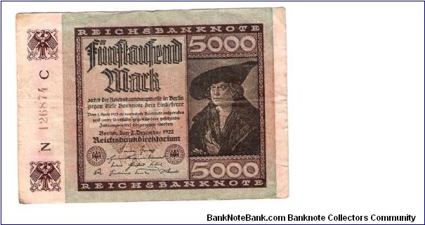 GERMANY
5000-MARK
LARGE SERIAL NUMBER 
N 126874 C
5/OF 17 Banknote