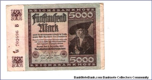 GERMANY
5000-MARK
LARGE SERIAL NUMBER
W 702696 B

6/17 Banknote