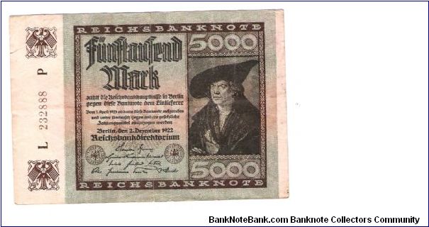 GERMANY
5000-MARK
SMALL SERIEL NUMBER
L 232888 P
9/ OF 17 Banknote