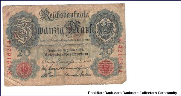 GERMANY 20 MARK
8 OF 8 DATED 1914
# K 4216214 Banknote