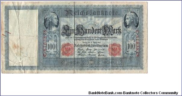 GERMANY
100 MARKS
1910        SERIEL # C.8163828 Banknote