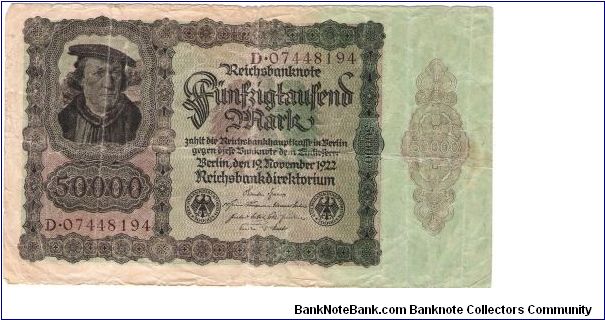 GERMANY
1922
50,000 MARKS
SERIEL # D.07448194 Banknote