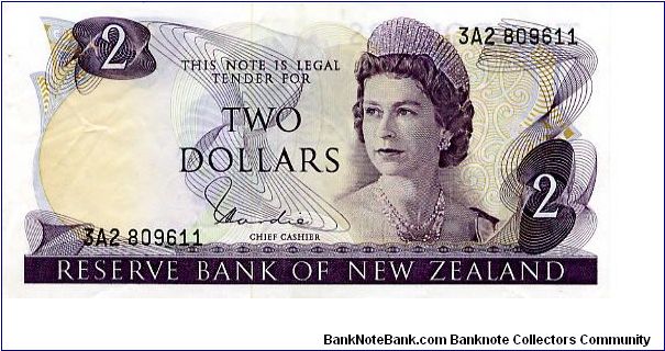 $2 1977/81
Chief Cashier H. R. Hardie
Mauve
Front Young HM Queen Elizabeth III
Mistletoe & Rifleman Bird
Security Thread
Watermark Capt Cook's Head Banknote
