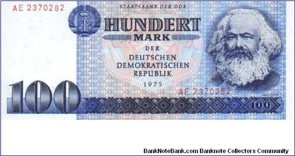 East Germany - 100 Marks;  Karl Marx on front;  Street scene on back Banknote