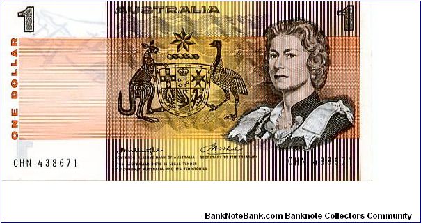 $1 1976 
Ocher/Pink/Green
Front Value, Coat of Arms, HRH Elisabeth II
Rev Aboriginal drawings
Security Thread
Watermark Mans Head Banknote