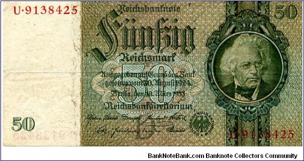 Berlin 30 Aug 1924
50 Rm Green/Brown
Seal Green with a white control seal 'D'
Front Serial # above Value, 2/3 frame, Value above date, Values above Mans Head
Rev Cherubs each side of Mercury's Head, Value above & below Cherubs  2/3 frame
Watermark Mans Head Banknote