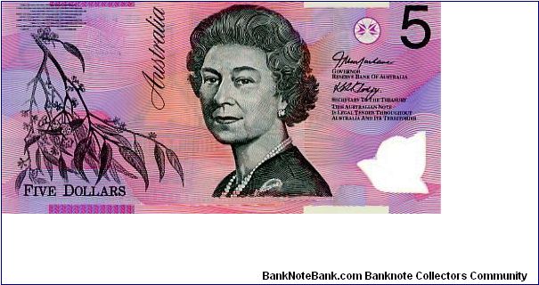 $5 1995/2001
Pink/Purple/Orange
Governor I J Macfarlane
Sec Treasaury K R Henry
Front Eucalyptus leaves , HRH, Value above security window
Rev Old & New Parliament House Canbera
Polymer Banknote