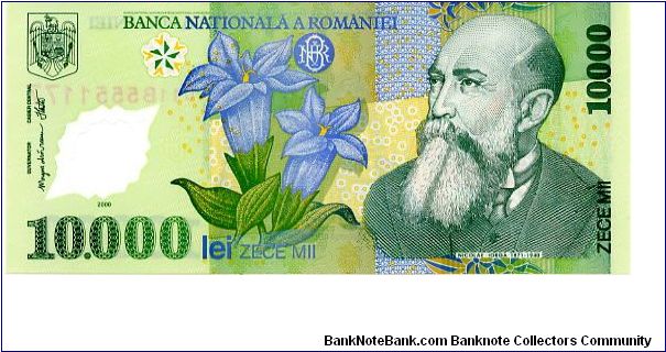 Polymer
10,000l  2000
Green/Blue/Gold
Bank Governor M C Isarescu 
Chief Cashier I Nitu
Front See through window, Flower, Nicolas Iorga  
Rev Gold eagle and cross, Cathedral of Curtea de Arges, See through window Banknote