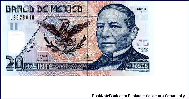 Mexico Polymer 
20 Pesos 17/05/02 but issued on 30/09/02
Blue/Terracotta
Chief Cashier R S Otero
Deputy Governor J M Yacaman 
Front See through window with the #20, Coat of Arms, Benito Juarez 
Rev Monument to Benito Juarez 
Series F Banknote