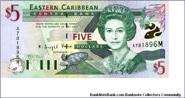 Montserrat
$5 2000    
Multi
Governor K D Venner
Front Fish, Turtle, QEII, Silver foil fish 
Rev Admiral House Antigua & Barbuda, Gold fish over map, Trafalgar falls
Security Thread
Watermark Queens Head Banknote
