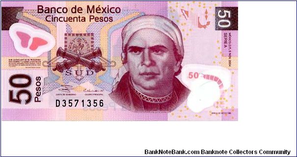 Mexico Polymer

50 Pesos 2004/06
Pink/Yellow/Blue
Chief Cashier  G O Martinez
Deputy Governor M E H H Barba
Front Value below Butterfly, Coat of arms, Portrait J M Morellos, Value above Catapillar in see through window
Rev Value above Catapillar in see through window, Bank Seal, Butterflies in front of the De Morelia Mich Aquaduct, Value below Butterfly 
Serie A Banknote