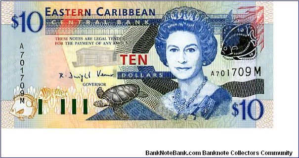 East Caribbean States 

Montserrat 
$10 2003
Governor K D Venner
Front Fish, Turtle, Goverment House, QEII, Silver foil fish & ECCB  
Rev Admiralty Bay, Map, The Warspite, Pelican in flight,  fish
Security Thread
Watermark Queens Head Banknote
