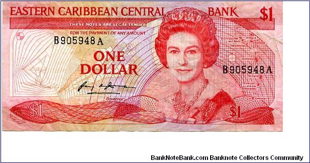 Antigua
$1 1985/88 
Red/Green/Ocher
Governor Sir Cecil Jacobs 
Front Geometric design, QEII, Map 
Rev A town by the coast
Security Thread
Watermark Queens Head Banknote