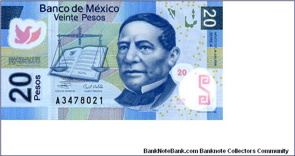 20p 19 Jun 06 Polymer
Blue/Green/PurpleChief Cashier Valdes Ramons
Member of the Board Guillermo Ortíz Martínez
Front See through window with the #20, Scales of Justice & Book, Benito Juarez 
Rev Aztec ruins at Cocijo
Series A Banknote