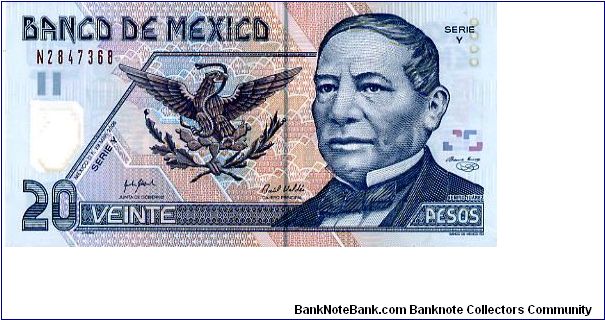 20P 29 Mar 06 Polymer
Blue/Terracotta
Chief Cashier Valdes Ramons
Member of the Board Jesús Marcos Yacamán
Front See through window with the #20, Coat of Arms, Benito Juarez 
Rev Monument to Benito Juarez 
Series Y Banknote