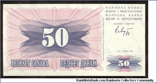 Bosnia 50 Dinara 1992 P12 Banknote