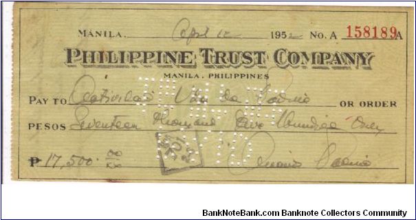 Philippine Trust Company Check. Banknote