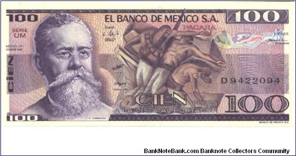Purple on multicolour underprint V. Carranza at left, La Trinchera apinting at center. Like #66, 68 but with four signatures and narrow serial # style. Banknote