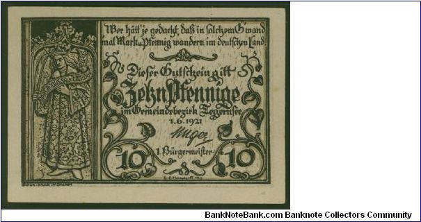 Germany Notgeld Tegernsee 10Pf 1921 L1281. Banknote