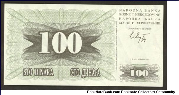 Bosnia 100 Dinara 1992 P13. Banknote
