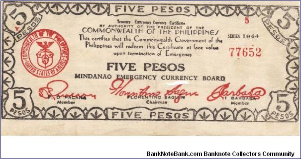 S-526b Mindanao 5 Pesos note. I will sell or trade this note for Philippine or Japan occupation notes I need. Banknote