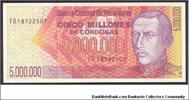 Nicaragua 5 Million 5,000,000 Cordobas 1990 P165. Banknote