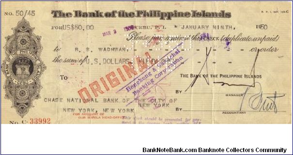 Bank of the Philippines check, Cebu, with hand stamp of Hongkong & Shanghai Banking Corp, and applied document stamps on reverse. Banknote