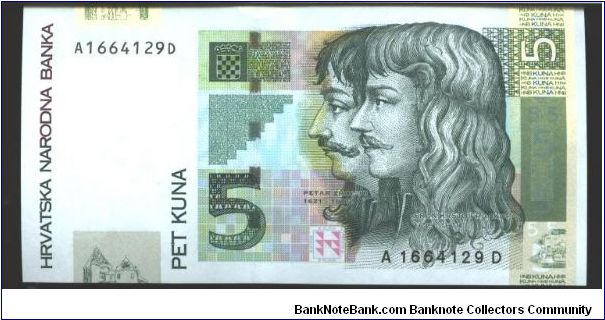 Similar to #28

Dark green and green on multicolour underprint. F. K. Frankopan and P. Zrinski at right and as watermark. Fortress in Varazdin at left center on back. Banknote