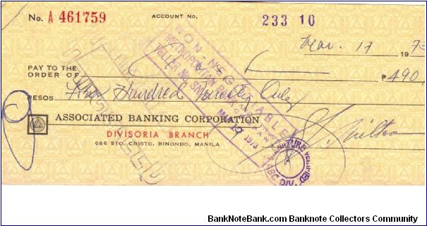 Associated Banking Corp Check, Manila #1. Banknote