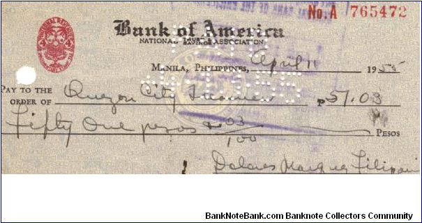 Bank of America check, Manila Philippines. Banknote