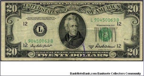 Series 1950B $20 San Francisco FRN.  Serial: L90450063B Banknote