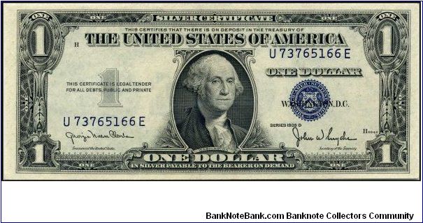 Series 1935D $1 Silver Certificate.  Wide Back Note.  Serial: U73765166E Banknote