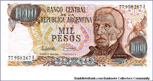 1976/83
1000 Pesos
Brown
Series I
Elderly Gen San Martin
Plaza de Mayo
Watermark multiple sunbursts Banknote